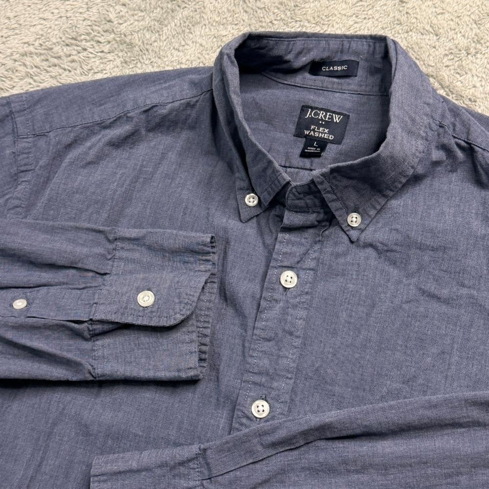 J.Crew Flex Washed Classic Fit Button Down Shirt Mens L Blue Long Sleeve Cotton